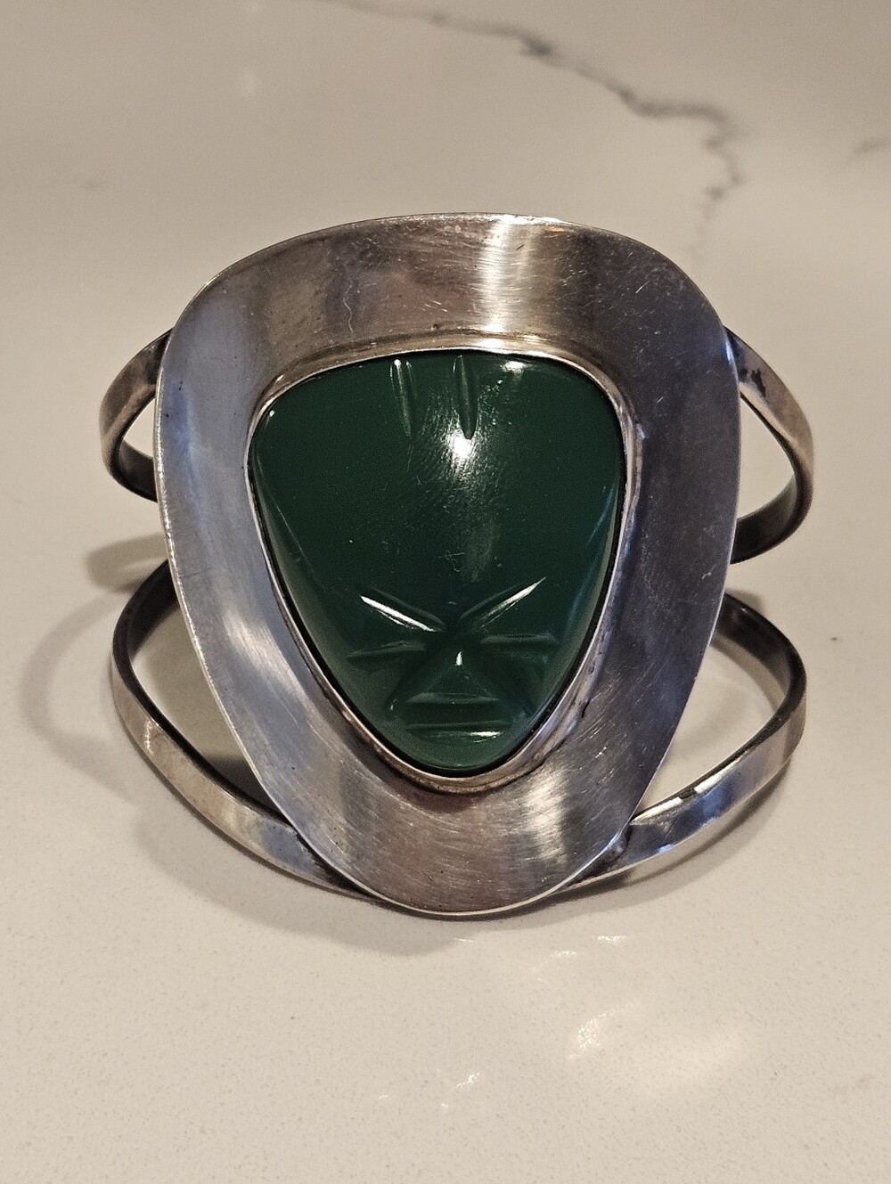 Massive Chunky Vintage Green Onyx Sterling Silver Mask Face Cuff Bracelet